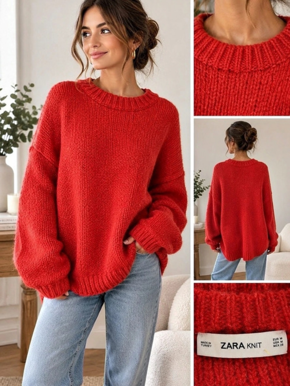 Zara Knit Red Oversized Chunky Crewneck Sweater Medium
